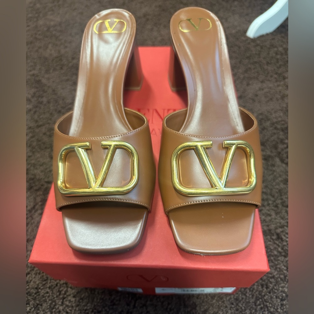 Valentino Gold V Logo Brown Leather Mules